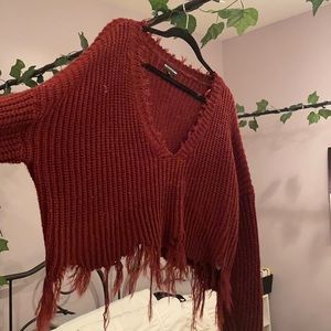 Burgundy low neck fringe  sweater
